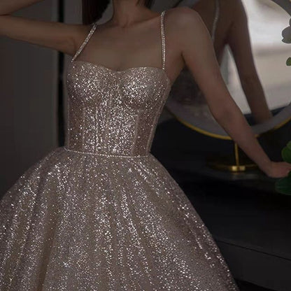 Spaghetti Strap Rhinestone Sequined A-Line Evening Gown