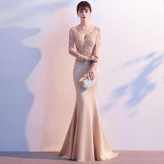 Mermaid Lace Gown V-Neck Long-Sleeve Evening