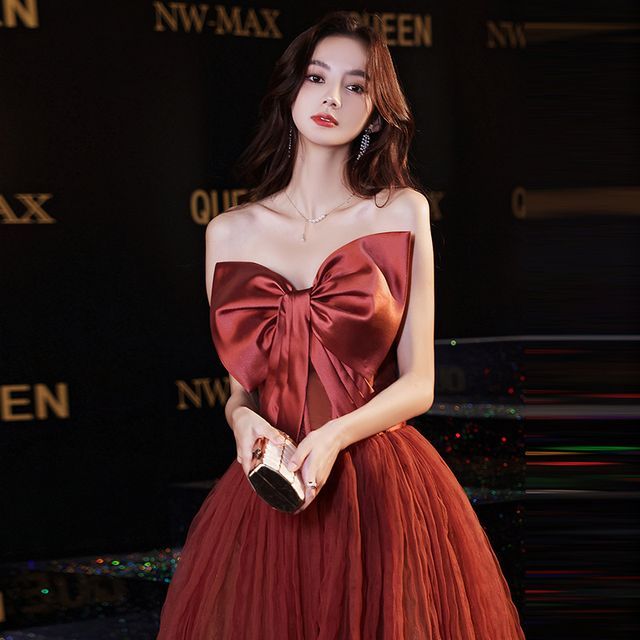 A-Line Gown Strapless Evening Bow Mesh