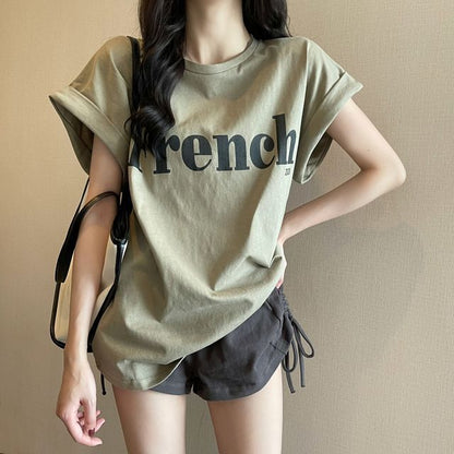 Cap-Sleeve Round Neck Lettering Long T-Shirt