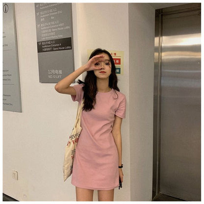Short-Sleeve Round Neck Plain Mini T-Shirt Dress