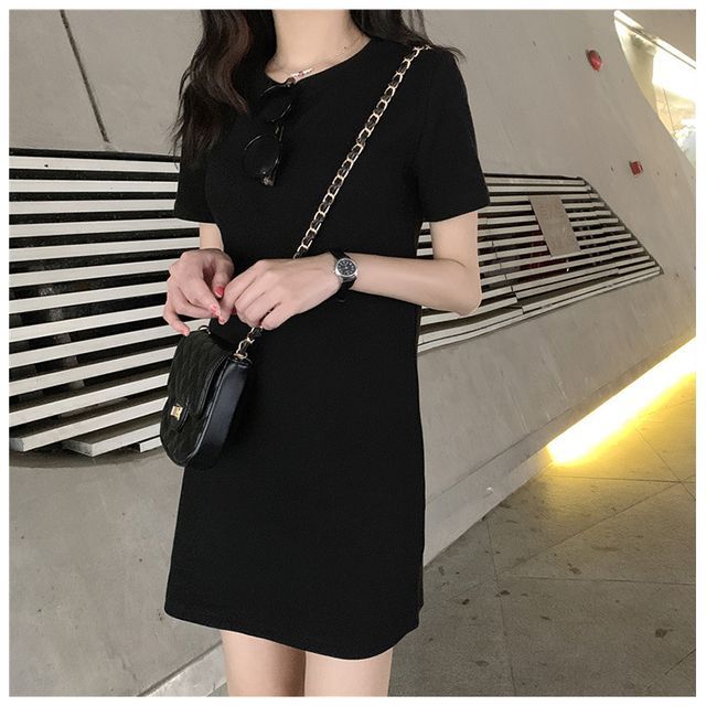 Short-Sleeve Round Neck Plain Mini T-Shirt Dress