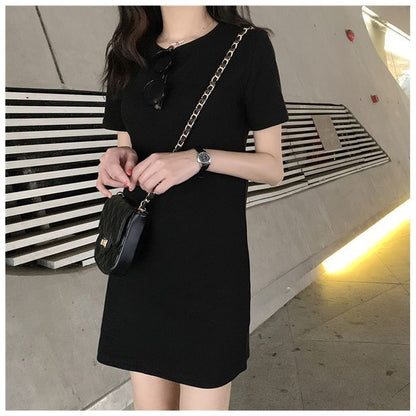 Short-Sleeve Round Neck Plain Mini T-Shirt Dress