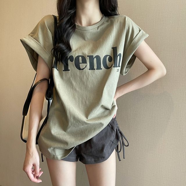 Cap-Sleeve Round Neck Lettering Long T-Shirt