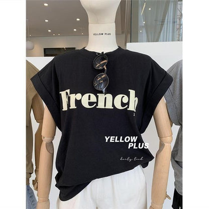 Cap-Sleeve Round Neck Lettering Long T-Shirt