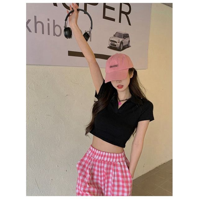 Short-Sleeve Plain Crop Polo Top