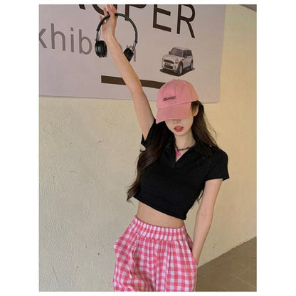 Short-Sleeve Plain Crop Polo Top