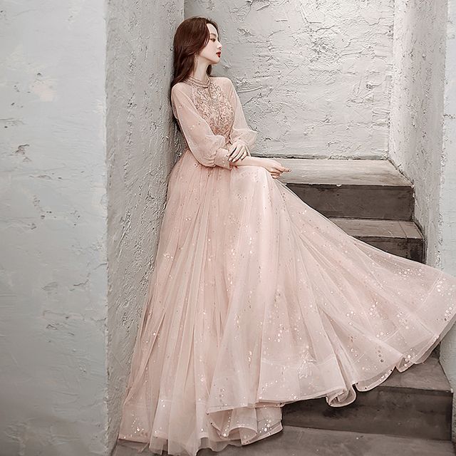 Evening Long-Sleeve Gown Sequin Mesh A-Line