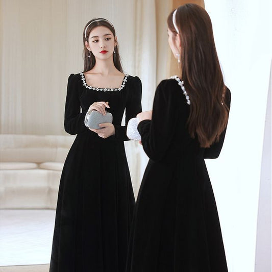 Rhinestone Dress Evening Square Cocktail Neck Gown Long-Sleeve / A-Line
