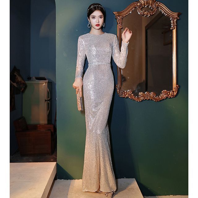 Long-Sleeve Gown Evening Mermaid Sequin