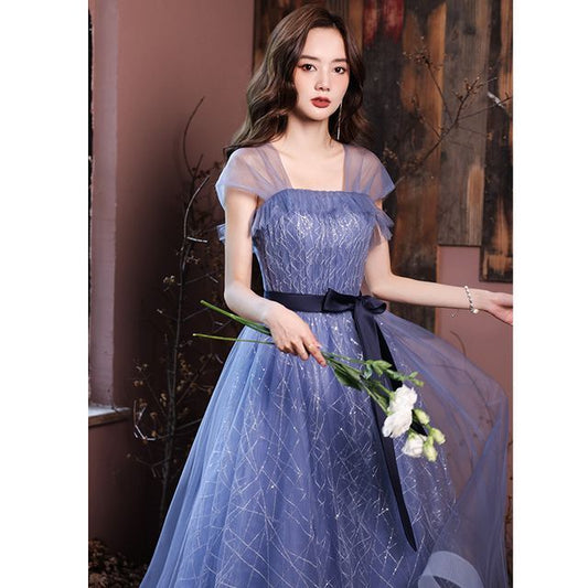 Evening Tie-Waist A-Line Gown Sleeveless Mesh