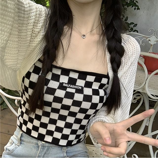 Checkerboard Knit Crop Camisole Top / Plain Pointelle Knit Open Front Bolero