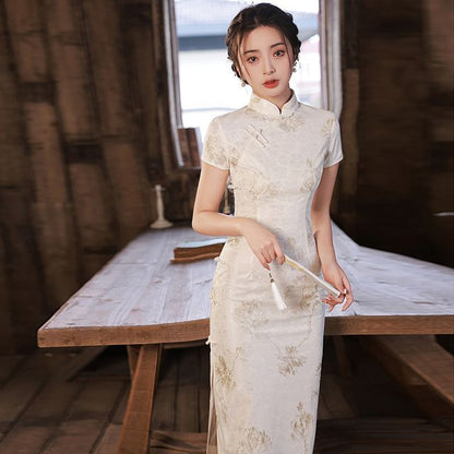 Short-Sleeve Floral Midi Qipao