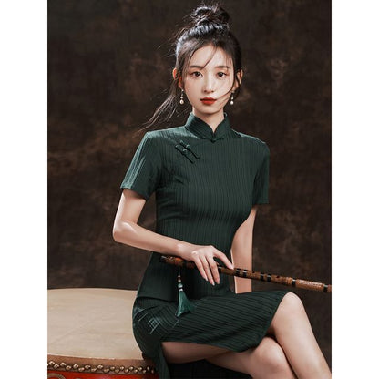 Short-Sleeve Striped Qipao