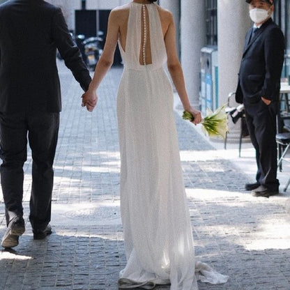 Sleeveless Halter Plain Open Back A-Line Wedding Gown