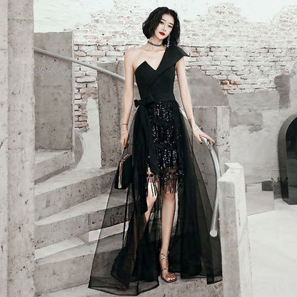 One-Shoulder Gown Evening Sequin Low Fringed High