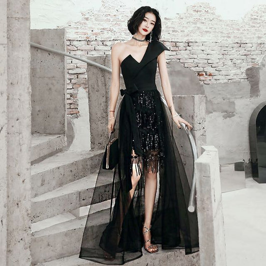 One-Shoulder Gown Evening Sequin Low Fringed High