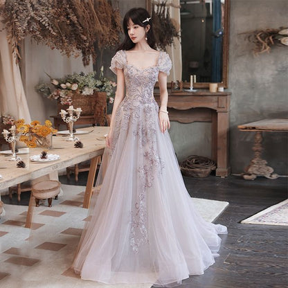 Sequin Evening Cap-Sleeve Mesh A-Line Gown