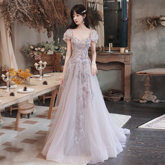 Sequin Evening Cap-Sleeve Mesh A-Line Gown