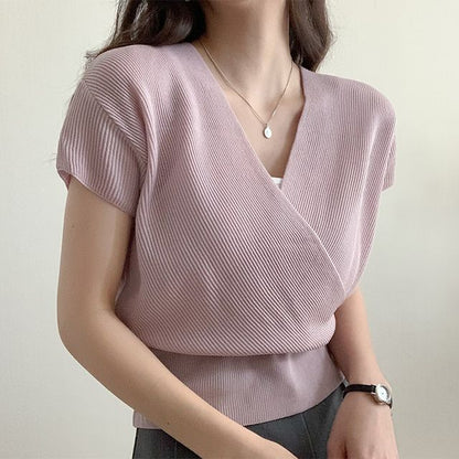 Short-Sleeve V-Neck Plain Knit Top