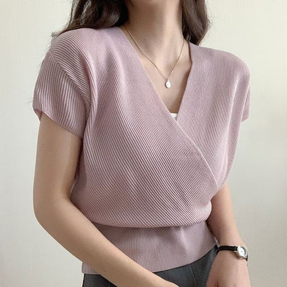 Short-Sleeve V-Neck Plain Knit Top