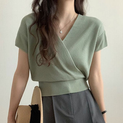 Short-Sleeve V-Neck Plain Knit Top