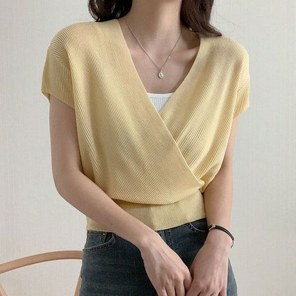 Short-Sleeve V-Neck Plain Knit Top