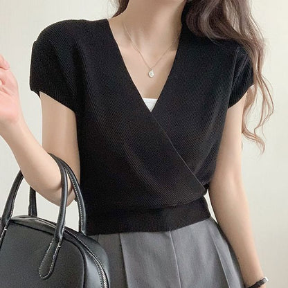 Short-Sleeve V-Neck Plain Knit Top