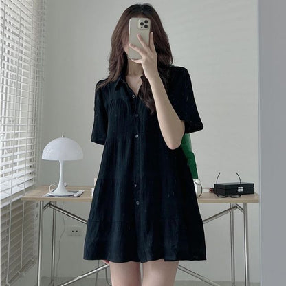 Short-Sleeve Plain Mini A-Line Shirt Dress