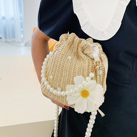 Faux Pearl Strap Woven Bucket Bag