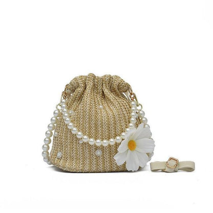 Faux Pearl Strap Woven Bucket Bag
