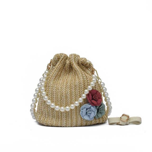 Faux Pearl Strap Woven Bucket Bag