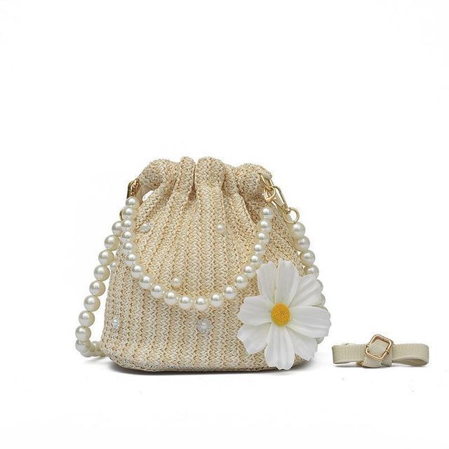 Faux Pearl Strap Woven Bucket Bag