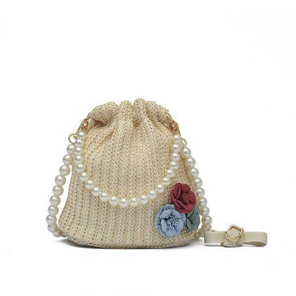 Faux Pearl Strap Woven Bucket Bag