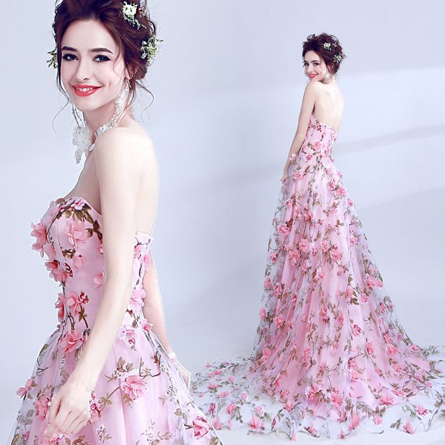 A-Line Strapless Gown Floral Evening Lace