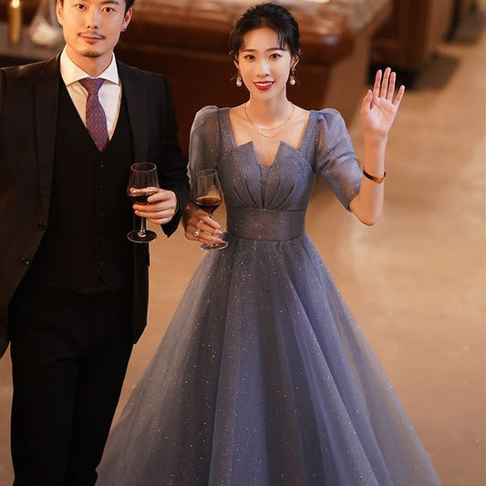 Gown Short-Sleeve Mesh A-Line Evening Notched