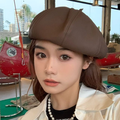 Plain Faux Leather Beret Hat