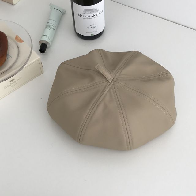 Plain Faux Leather Beret Hat