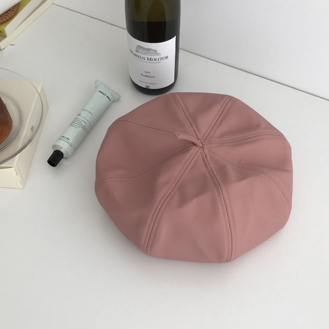 Plain Faux Leather Beret Hat