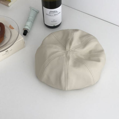 Plain Faux Leather Beret Hat