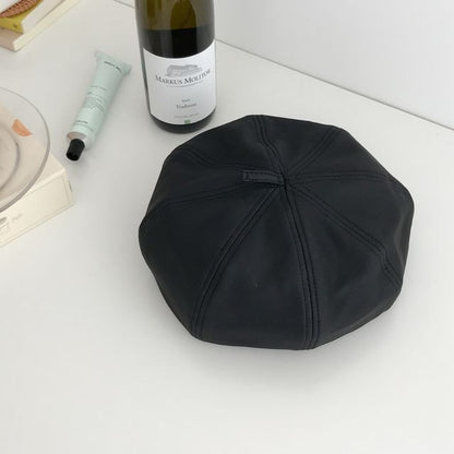 Plain Faux Leather Beret Hat