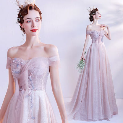 Glitter Floral A-Line Gown Evening Off-Shoulder