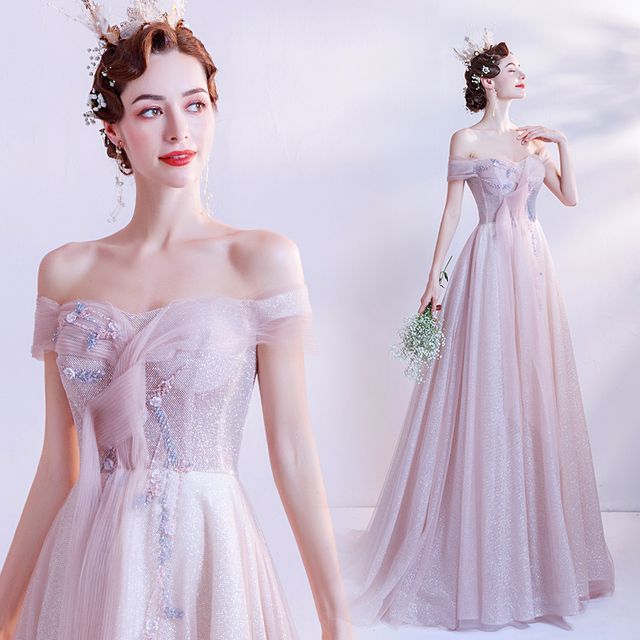 Off-Shoulder Floral Glitter A-Line Evening Gown