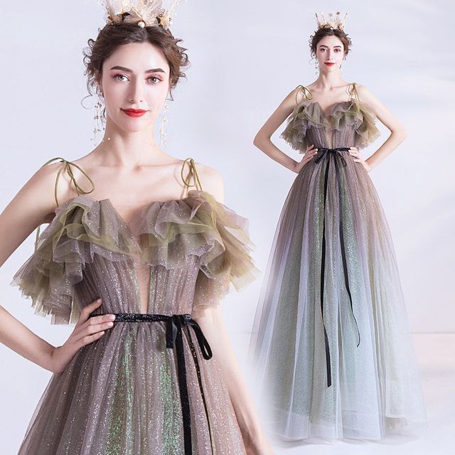 Evening Gradient Glitter Mesh Gown Strap A-Line Spaghetti