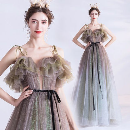 Evening Gradient Glitter Mesh Gown Strap A-Line Spaghetti