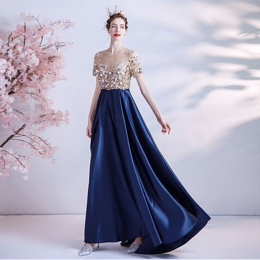 A-Line Mesh Neck Gown Crew Evening Sequin Short-Sleeve