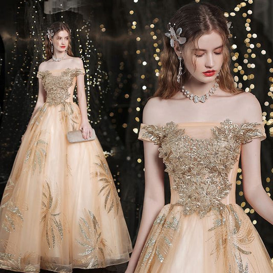 Off-Shoulder Gown Sequin Evening A-Line Floral