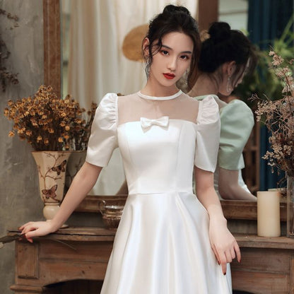 Neck Wedding Puff-Sleeve A-Line Crew Mesh Panel Gown Bow