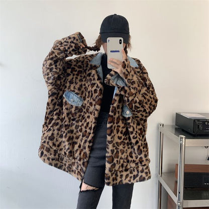 Leopard Fluffy Button-Up Denim Jacket Print