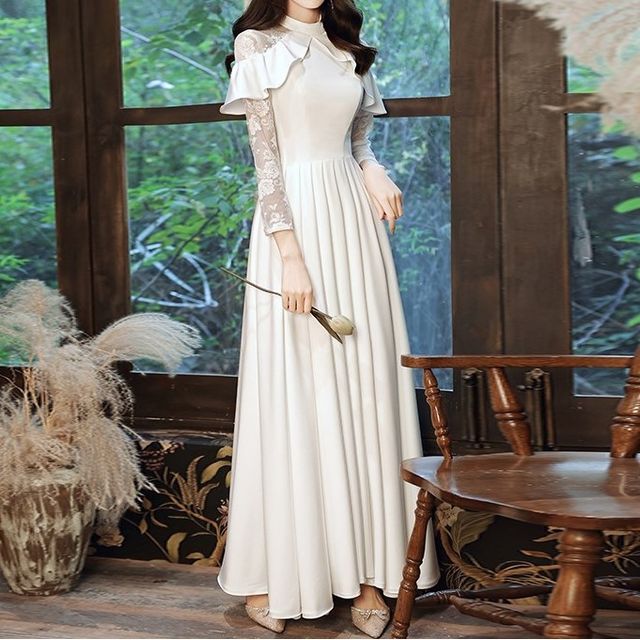 Designs) A-Line Panel Ruffled (Various Gown Wedding Lace Long-Sleeve